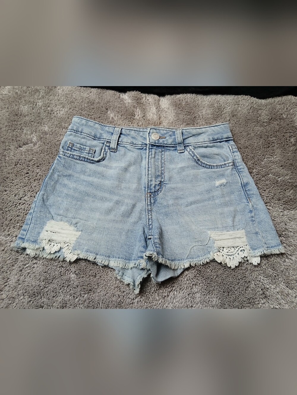 SO Light Blue Distressed Denim Shorts with Lace Hem